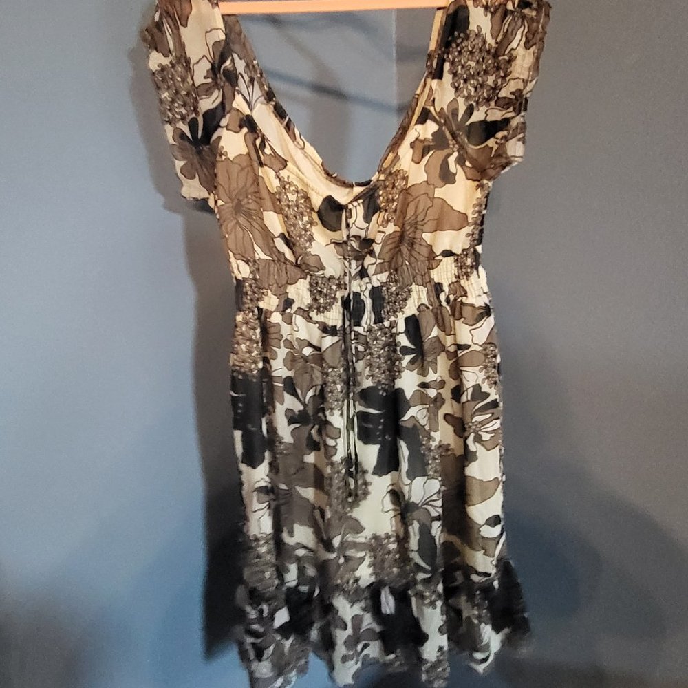 Off-the-shoulder White Dress with Brown Florals from New Glory.